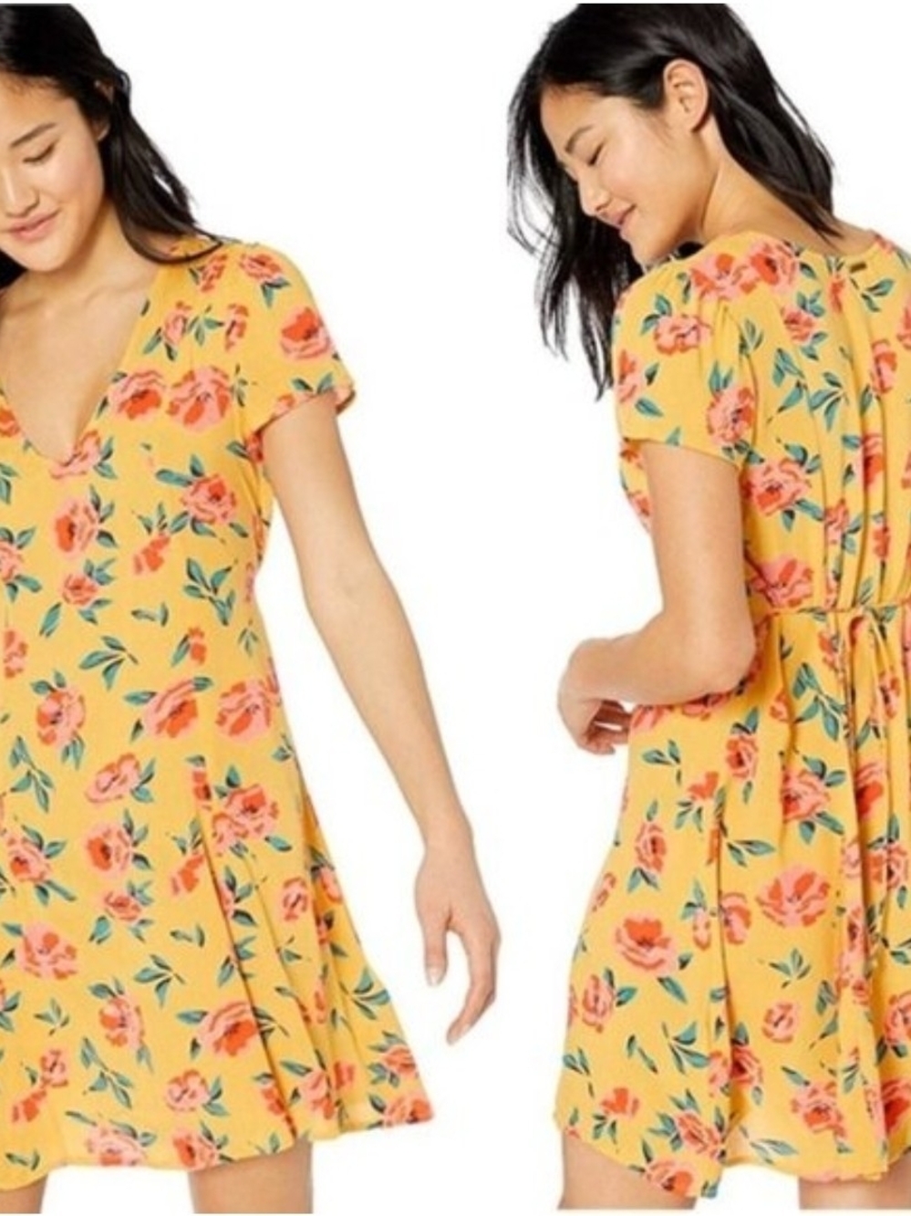 Billabong Women’s XS skate day Floral V-Neck Short Sleeve Tie Waist mini Dress